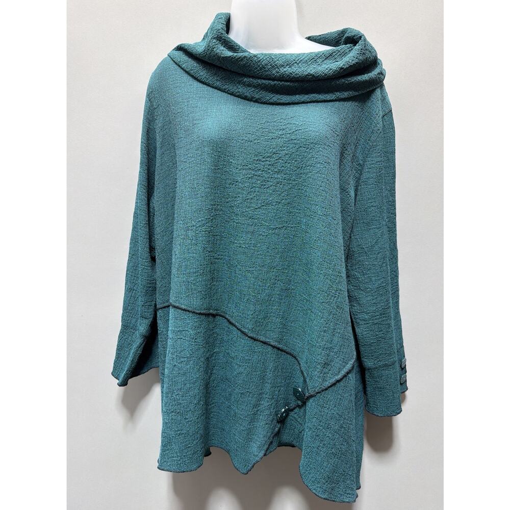 Ali Miles Roll Up 3/4Sleeve Cowl Neck Asymmetric Textured S Teal Green Tunic Top